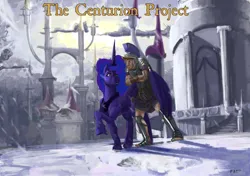 Size: 5120x3600 | Tagged: safe, artist:ponybrotoons, derpibooru import, princess luna, oc, oc:elias bright, human, fanfic:the centurion project, armor, canterlot, cold, image, png, roman, snow, winter