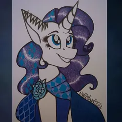 Size: 1073x1073 | Tagged: safe, artist:raritylover152, derpibooru import, rarity, ponified, pony, unicorn, equestria girls, equestria girls series, the other side, beauty mark, clothes, female, g4, horn, image, jpeg, mare, signature, solo, traditional art