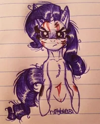 Size: 720x893 | Tagged: semi-grimdark, artist:raritylover152, derpibooru import, rarity, pony, unicorn, angry, belly, bipedal, blood, bruised, chest fluff, cut, female, g4, horn, image, injured, jpeg, lined paper, looking at you, mare, messy mane, messy tail, signature, solo, sternocleidomastoid, tail, traditional art