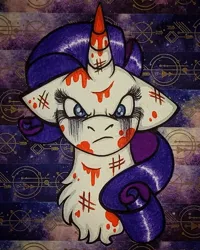 Size: 720x901 | Tagged: semi-grimdark, artist:raritylover152, derpibooru import, rarity, pony, unicorn, angry, blood, bruised, chest fluff, cut, female, g4, horn, image, injured, jpeg, looking at you, mare, mixed media, redraw, solo, traditional art, washi tape