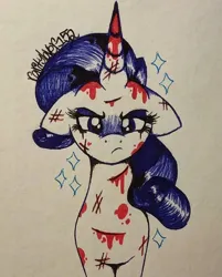 Size: 720x896 | Tagged: semi-grimdark, artist:raritylover152, derpibooru import, rarity, pony, unicorn, angry, blood, bruised, cut, female, floppy ears, g4, horn, image, injured, jpeg, looking at you, mare, redraw, signature, solo, sparkles, tail, traditional art