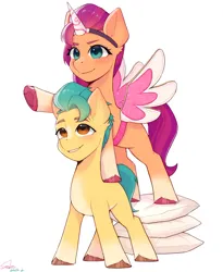 Size: 1780x2174 | Tagged: safe, artist:xiaowu07, derpibooru import, hitch trailblazer, sunny starscout, earth pony, pony, g5, cute, duo, duo male and female, female, image, male, mare, png, simple background, smiling, stallion, white background