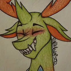 Size: 1077x1077 | Tagged: safe, artist:raritylover152, derpibooru import, thorax, changedling, changeling, blushing, colored, eyes closed, g4, grin, horn, image, jpeg, king thorax, sharp teeth, signature, smiling, solo, teeth, traditional art