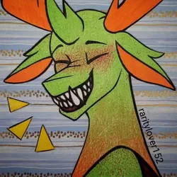 Size: 1080x1078 | Tagged: safe, artist:raritylover152, derpibooru import, thorax, changedling, changeling, blushing, emanata, eyes closed, g4, grin, horn, image, jpeg, king thorax, mixed media, redraw, sharp teeth, signature, smiling, solo, teeth, traditional art