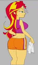 Size: 709x1200 | Tagged: suggestive, artist:brolycoochie, derpibooru import, sunset shimmer, human, equestria girls, big breasts, breasts, bunset shimmer, busty sunset shimmer, butt, clothes, female, g4, gray background, image, jpeg, large butt, midriff, rear view, shorts, sideboob, simple background, solo, solo female, wide hips