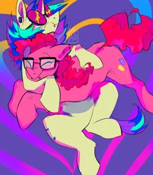 Size: 2048x2351 | Tagged: safe, artist:ponypierced, derpibooru import, pinkie pie, vinyl scratch, earth pony, pony, unicorn, abstract background, crack shipping, duo, duo female, female, g4, glasses, hug, image, lesbian, png, shipping