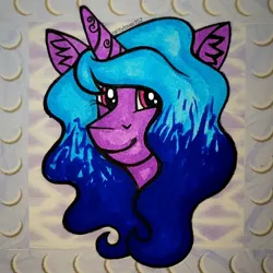 Size: 1356x1356 | Tagged: safe, artist:raritylover152, derpibooru import, izzy moonbow, pony, unicorn, g5, bust, ear fluff, female, horn, image, jpeg, mare, portrait, smiling, solo, traditional art, washi tape