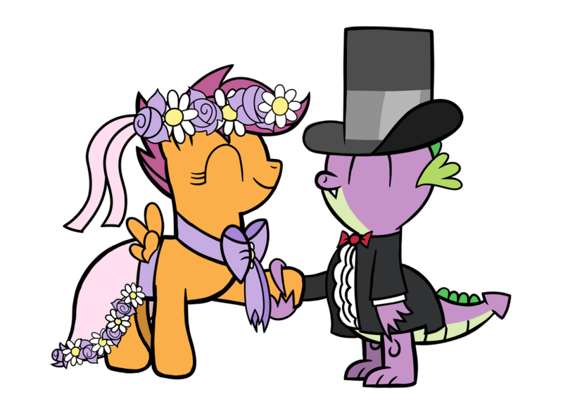Size: 1024x738 | Tagged: safe, artist:turnaboutart, derpibooru import, scootaloo, spike, dragon, pegasus, pony, bow, bowtie, clothes, dress, female, flower, g4, hat, image, male, png, scootaspike, shipping, straight, suit, top hat