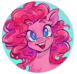 Size: 1280x1233 | Tagged: safe, artist:samix-asb, derpibooru import, part of a set, pinkie pie, earth pony, pony, blue eyes, blushing, bust, chest fluff, colored eyebrows, curly mane, cutie mark eyes, eyelashes, female, g4, icon, image, mare, open mouth, open smile, pink mane, png, profile picture, simple background, smiling, solo, teeth, transparent background, wingding eyes