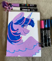 Size: 1760x2048 | Tagged: safe, artist:kreeeeeez, derpibooru import, twilight sparkle, twilight sparkle (alicorn), alicorn, pony, chest fluff, ear fluff, eyelashes, female, g4, horn, image, jpeg, limited palette, looking at you, mare, marker drawing, markers, profile, smiling, smiling at you, solo, spread wings, traditional art, two toned mane, wingding eyes, wings