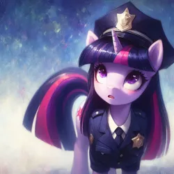 Size: 2048x2048 | Tagged: safe, ai content, derpibooru import, machine learning generated, prompter:krivovyaz, twilight sparkle, pony, unicorn, blushing, clothes, g4, generator:bing image creator, generator:dall-e 3, hat, high res, image, looking up, necktie, open mouth, png, police uniform, solo, surprised, surprised face, wrong cutie mark