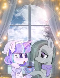 Size: 2443x3185 | Tagged: artist needed, source needed, safe, derpibooru import, marble pie, oc, oc:delia ino, earth pony, unicorn, canon x oc, chocolate, clothes, food, friendship, horn, hot chocolate, image, obtrusive watermark, png, scarf, smiling, snow, unicorn oc, watermark