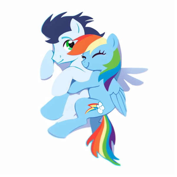 Size: 1024x1024 | Tagged: safe, ai content, derpibooru import, machine learning generated, prompter:*rainbow dash*, stable diffusion, rainbow dash, soarin', pegasus, pony, cuddling, cute, duo, eyes closed, female, folded wings, g4, generator:purplesmart.ai, happy, hug, image, male, png, shipping, simple background, smiling, soarindash, spooning, spread wings, straight, white background, wings