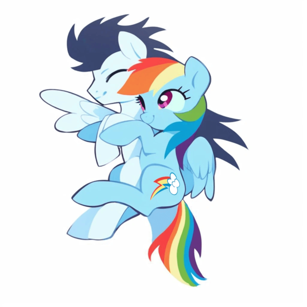 Size: 1024x1024 | Tagged: safe, ai content, derpibooru import, machine learning generated, prompter:*rainbow dash*, stable diffusion, rainbow dash, soarin', pegasus, pony, cuddling, cute, duo, eyes closed, female, folded wings, g4, generator:purplesmart.ai, hug, image, male, png, shipping, simple background, soarindash, spooning, spread wings, straight, white background, wings