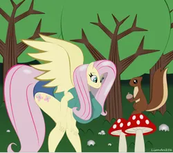 Size: 1512x1329 | Tagged: safe, artist:lisandro256, derpibooru import, fluttershy, anthro, pegasus, squirrel, acorn, bent over, big breasts, breasts, busty fluttershy, duo, female, forest, image, looking at something, mushroom, nature, png, tree