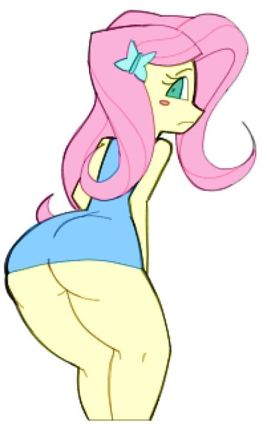 Size: 720x1142 | Tagged: suggestive, artist:brolycoochie, derpibooru import, fluttershy, human, equestria girls, ass, blush sticker, blushing, butt, clothes, dress, female, flutterbutt, frown, g4, image, jpeg, large butt, looking back, rear view, schrödinger's pantsu, short dress, simple background, solo, solo female, white background, wide hips