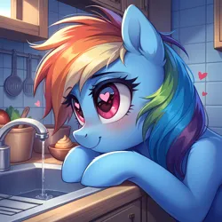 Size: 2048x2048 | Tagged: safe, ai content, derpibooru import, generator:confetticomrademix, machine learning generated, stable diffusion, rainbow dash, pegasus, pony, blushing, cargo ship, counter, ear fluff, eyebrows, eyebrows visible through hair, female, floating heart, food, g4, heart, heart eyes, high res, image, indoors, kitchen, kitchen sink, mare, png, prompter:tyto4tme4l, ship:rainbowsink, shipping, shoulder fluff, smiling, solo, spatula, tiles, water, wingding eyes