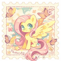 Size: 1024x1024 | Tagged: safe, ai content, derpibooru import, machine learning generated, prompter:wazzy88, fluttershy, butterfly, insect, pegasus, pony, blush sticker, blushing, cute, flower, flower in hair, g4, image, looking at you, png, shyabetes, sitting, smiling, smiling at you, solo, spread wings, stamp, wings