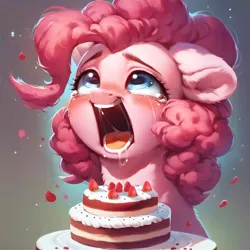 Size: 2048x2048 | Tagged: safe, ai content, derpibooru import, machine learning assisted, machine learning generated, stable diffusion, pinkie pie, earth pony, pony, ahegao, blue eyes, blushing, cake, crying, cute, ear fluff, enjoying, fluffy, food, g4, generator:purplesmart.ai, happy, image, looking up, open mouth, pink hair, png, prompter:saltyvity, saliva puddle, simple background, smiling, solo, tongue out
