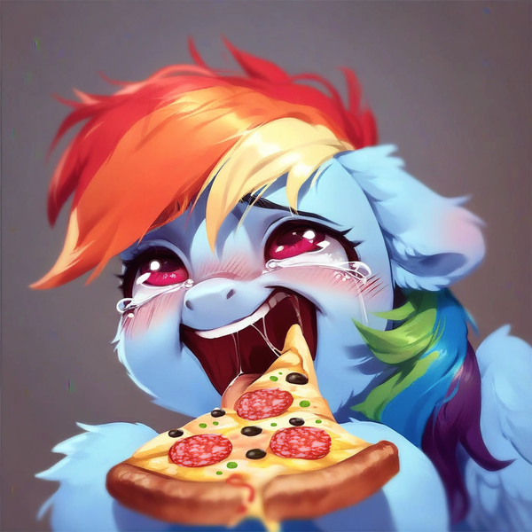 Size: 2048x2048 | Tagged: safe, ai content, derpibooru import, machine learning assisted, machine learning generated, stable diffusion, rainbow dash, pegasus, pony, ahegao, blushing, crying, ear fluff, enjoying, fluffy, food, generator:purplesmart.ai, happy, image, looking up, multicolored hair, open mouth, pink eyes, pizza, png, prompter:saltyvity, rainbow hair, saliva puddle, salivating, simple background, smiling, solo, tongue out