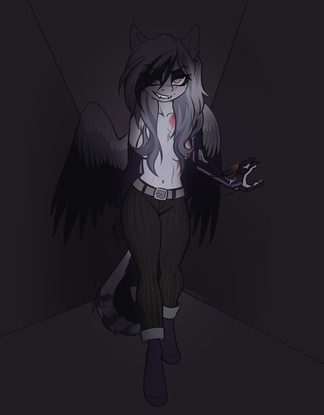 Size: 4288x5480 | Tagged: questionable, artist:helemaranth, derpibooru import, oc, oc:aeriela, anthro, hybrid, anthro oc, claw marks, claws, clothes, creepy, creepy smile, darkness, feathered wings, female, hybrid oc, image, kyrion, looking at you, partial nudity, png, smiling, solo, topless, wall, wings