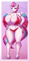 Size: 1340x2749 | Tagged: suggestive, artist:complextree, derpibooru import, zipp storm, anthro, pegasus, unguligrade anthro, g5, bedroom eyes, belly button, big breasts, bikini, breasts, busty zipp storm, cleavage, clothes, commission, digital art, female, hand on hip, huge breasts, image, looking at you, png, simple background, solo, solo female, swimsuit, tail, thighs, wide hips, wings