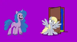 Size: 1080x598 | Tagged: safe, screencap, derpy hooves, izzy moonbow, pegasus, pony, unicorn, series:mlp animation's short films, series:pizza meal, g5, confused, duo, duo female, female, image, izzy being izzy, jpeg