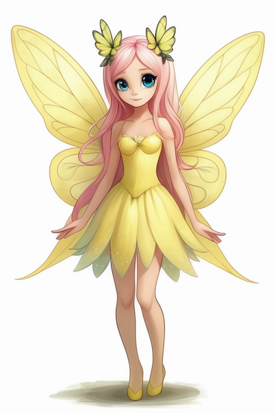 Size: 1024x1536 | Tagged: safe, ai content, derpibooru import, generator:stable cascade, machine learning generated, prompter:pawels, fluttershy, fairy, bare shoulders, clothes, dress, fairy wings, female, full body, g4, image, looking at you, png, shadow, shoes, simple background, sleeveless, solo, white background, wings