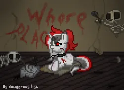 Size: 2200x1600 | Tagged: grimdark, artist:dangerous fish, derpibooru import, oc, oc:red rocket, unofficial characters only, pony, unicorn, fallout equestria, fanfic:the tragic tale of red rocket, pony town, ashes town, blood, bone, chained, chains, collar, crying, dead, female, females only, horn, image, light skin, mare, pixel art, png, sad, skeleton, solo, solo female, text, unicorn oc, whore