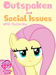 Size: 768x1024 | Tagged: safe, artist:edy_january, derpibooru import, fluttershy, pegasus, pony, series:outpoken and sosial issues with fluttershy, flutter brutter, background, g4, gossip, image, outspoken, parody, png, poster, serious, serious face, seriously, simple background, solo, sosial issues, teks, yellow background