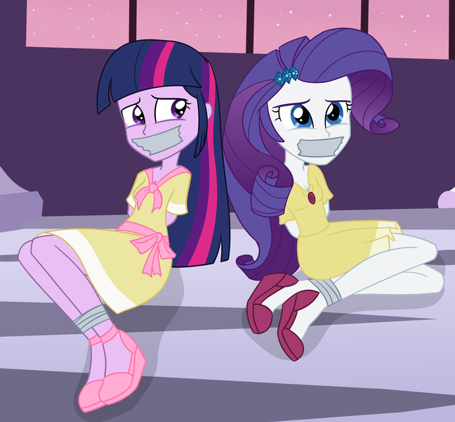 Size: 2000x1851 | Tagged: safe, artist:nie-martw-sie-o-mnie, derpibooru import, rarity, twilight sparkle, human, equestria girls, sweet and elite, bondage, bound and gagged, clothes, dress, duo, g4, gag, image, png, tape, tape bondage, tape gag, wedge heel