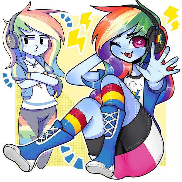 Size: 1440x1440 | Tagged: safe, artist:jaxi_draws, derpibooru import, rainbow dash, human, equestria girls, blushing, clothes, compression shorts, crossed arms, cutie mark, cutie mark on clothes, duckface, emanata, eye clipping through hair, eyebrows, eyebrows visible through hair, female, g4, geode of super speed, headphones, image, jewelry, jpeg, leggings, looking at you, magical geodes, necklace, one eye closed, passepartout, rainbow socks, sitting, smiling, smiling at you, socks, solo, striped socks, watermark