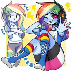 Size: 1440x1440 | Tagged: safe, artist:jaxi_draws, derpibooru import, rainbow dash, human, equestria girls, blushing, clothes, compression shorts, crossed arms, cutie mark, cutie mark on clothes, duckface, emanata, eye clipping through hair, eyebrows, eyebrows visible through hair, female, g4, geode of super speed, headphones, image, jewelry, jpeg, leggings, looking at you, magical geodes, necklace, one eye closed, passepartout, rainbow socks, sitting, smiling, smiling at you, socks, solo, striped socks, watermark