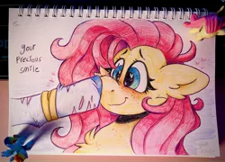 Size: 4001x2881 | Tagged: safe, artist:yumkandie, derpibooru import, fluttershy, rainbow dash, pegasus, pony, blushing, boop, bracelet, eyebrows, female, figurine, floating heart, floppy ears, flutterdash, g4, heart, image, jewelry, jpeg, lesbian, love, noseboop, pencil drawing, scar, shipping, smiling, traditional art