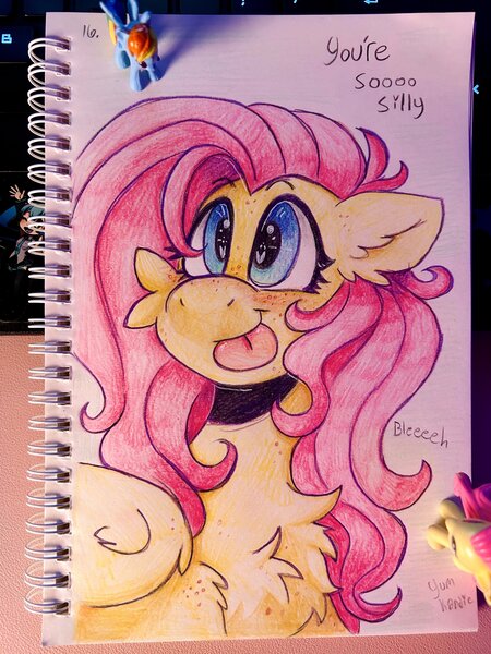 Size: 3024x4032 | Tagged: safe, artist:yumkandie, derpibooru import, fluttershy, rainbow dash, pegasus, pony, :p, blushing, eyebrows, female, figurine, floating heart, flutterdash, folded wings, g4, heart, image, jewelry, jpeg, lesbian, love, pencil drawing, scar, shipping, silly, silly face, silly pony, smiling, tongue out, traditional art, wings