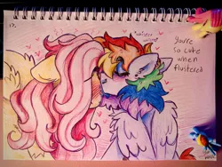 Size: 680x510 | Tagged: safe, artist:yumkandie, derpibooru import, fluttershy, rainbow dash, pegasus, pony, blushing, ear piercing, earring, eyebrows, eyebrows visible through hair, eyes closed, female, figurine, floating heart, floppy ears, flustered, flutterdash, g4, heart, hiding behind mane, image, jewelry, jpeg, kiss on the cheek, kissing, lesbian, love, nose piercing, pencil drawing, piercing, shipping, shy, traditional art, wings