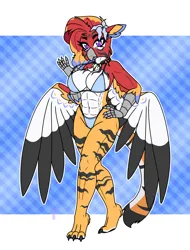 Size: 3200x4200 | Tagged: suggestive, artist:terton, derpibooru import, oc, oc:nalani kameāloha, unofficial characters only, anthro, digitigrade anthro, gryphon, abs, anthro oc, big breasts, bikini, breasts, busty oc, clothes, commission, female, flower, flower in hair, griffon oc, image, jewelry, muscles, muscular female, necklace, png, slit pupils, solo, standing, swimsuit, tugging