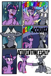 Size: 1567x2351 | Tagged: safe, artist:virmir, twilight sparkle, twilight sparkle (alicorn), oc, oc:virmare, alicorn, pony, unicorn, comic:so you've become a pony villain, cloak, clothes, duo, excited, eyes closed, female, floppy ears, grumpy, hoofbump, image, mare, png, simple background, sitting, white background