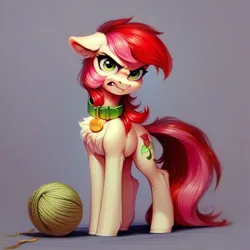Size: 1024x1024 | Tagged: safe, ai content, derpibooru import, machine learning generated, prompter:doom9454, stable diffusion, roseluck, pony, angry, behaving like a cat, collar, cute, fangs, fluffy, generator:pony diffusion v6 xl, image, pet tag, png, pony pet, rosepet, standing, yarn, yarn ball