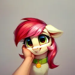 Size: 1024x1024 | Tagged: safe, ai content, derpibooru import, machine learning generated, prompter:doom9454, stable diffusion, roseluck, human, pony, behaving like a cat, bust, collar, cute, fluffy, generator:pony diffusion v6 xl, hand, image, offscreen character, offscreen human, pet tag, petting, png, pony pet, portrait, rosepet