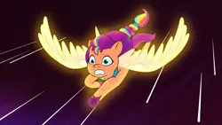 Size: 2160x1215 | Tagged: safe, derpibooru import, screencap, sunny starscout, alicorn, pony, g5, my little pony: a new generation, my little pony: tell your tale, spoiler:g5, spoiler:my little pony: tell your tale, spoiler:tyts02e07, artificial horn, artificial wings, augmented, female, flying, frown, image, mane stripe sunny, mare, png, race swap, solo, spread wings, sunnycorn, teeth, the lone alicorn, wings