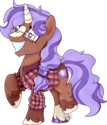 Size: 1454x1695 | Tagged: safe, artist:pure-blue-heart, derpibooru import, oc, oc:the pod-ny, pony, unicorn, beard, clothes, facial hair, fossil, freckles, glasses, horn, image, male, plaid shirt, png, raffle prize, shirt, simple background, smiling, stallion, stallion oc, tail, transparent background, two toned mane, two toned tail, unicorn oc, unshorn fetlocks