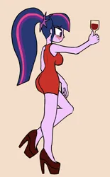 Size: 1242x1998 | Tagged: safe, artist:peel_a_na, derpibooru import, sci-twi, twilight sparkle, equestria girls, blushing, butt, clothes, dress, g4, high heels, image, jpeg, missing accessory, sci-twibutt, shoes, short dress, simple background, solo