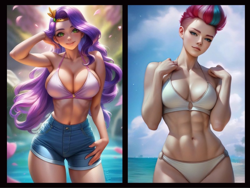 Size: 3087x2316 | Tagged: suggestive, ai content, derpibooru import, editor:sammykun, machine learning generated, stable diffusion, pipp petals, zipp storm, g5, my little pony: a new generation, abs, arm behind head, arm on shoulder, belly button, big breasts, bikini, bikini bottom, bikini top, breasts, busty pipp petals, busty zipp storm, cleavage, clothes, collage, denim, denim shorts, female, generator:pony diffusion v6 xl, generator:purplesmart.ai, image, jpeg, long hair, looking at you, midriff, muscles, muscular female, prompter:sammykun, realistic, reasonably sized breasts, sexy, short hair, shorts, skinny pipp, smiling, solo, stupid sexy pipp petals, stupid sexy zipp storm, sultry pose, swimsuit, thighs, wide hips