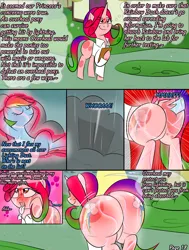 Size: 2000x2643 | Tagged: suggestive, artist:bestponies, derpibooru import, rainbow dash, oc, goo, goo pony, monster pony, original species, pegasus, pony, comic:nurses take over, absorption, butt, comic, comic panel, cutie mark theft, dialogue, female, g4, high res, image, jpeg, magic, mare, open mouth, outdoors, overheal, speech bubble, telekinesis, tongue out, vore