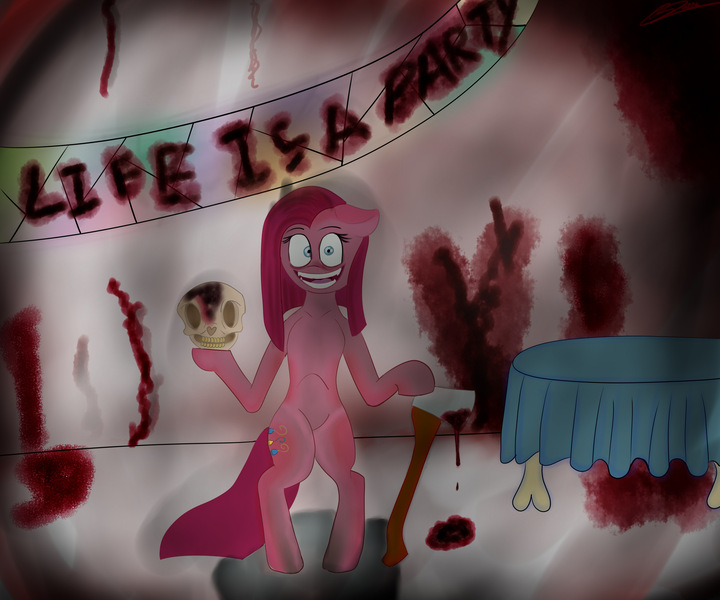 Size: 3000x2500 | Tagged: grimdark, artist:bazza, derpibooru import, pinkie pie, anthro, digitigrade anthro, semi-anthro, fanfic:cupcakes, axe, balloon, banner, bipedal, blood, blood stains, bloody mouth, bone, breasts, chest fluff, chestbreasts, floppy ears, holding, holding head, image, insanity, insanity face, jpeg, life is a party, looking at you, paint tool sai, pinkamena diane pie, sharp teeth, shrunken pupils, skull, small eyes, smiling, smiling at you, tablecloth, teeth, vignette, weapon, wide smile