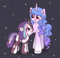 Size: 1883x1845 | Tagged: safe, artist:jaanhavi, derpibooru import, izzy moonbow, violette rainbow, pony, unicorn, g5, bracelet, dreadlocks, duo, duo female, female, filly, foal, friendship bracelet, horn, image, jewelry, looking at each other, looking at someone, looking down, looking up, mare, open mouth, open smile, png, smiling, sparkles, tail, vitiligo