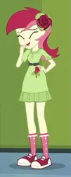 Size: 271x672 | Tagged: safe, derpibooru import, screencap, roseluck, equestria girls, equestria girls series, holidays unwrapped, spoiler:eqg series (season 2), belt, clothes, cropped, dress, flower, flower in hair, g4, image, laughing, o come all ye squashful, open mouth, open smile, outfit catalog, png, shoes, smiling, sneakers, socks, solo