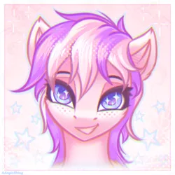 Size: 2100x2100 | Tagged: safe, artist:adagiostring, derpibooru import, oc, unofficial characters only, pegasus, abstract background, bust, cutie, female, headshot commission, image, looking at you, pegasus oc, png, portrait, simple background, smiling, smiling at you, solo, solo female, sparkles, stars, wings