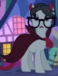 Size: 670x875 | Tagged: safe, derpibooru import, screencap, raven, sunshower raindrops, writing desk, earth pony, pegasus, pony, cape, clothes, costume, cropped, devil costume, devil tail, female, frown, glasses, horns, image, mare, open mouth, png, solo focus, tail